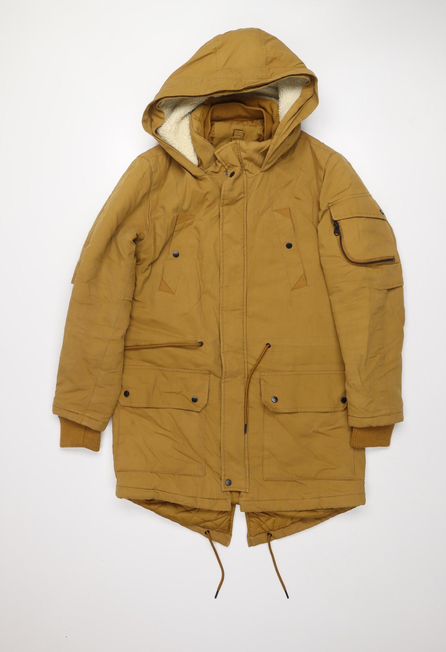 Bershka Men's Brown Hooded Parka Jacket Size S Polyester Winter Coat