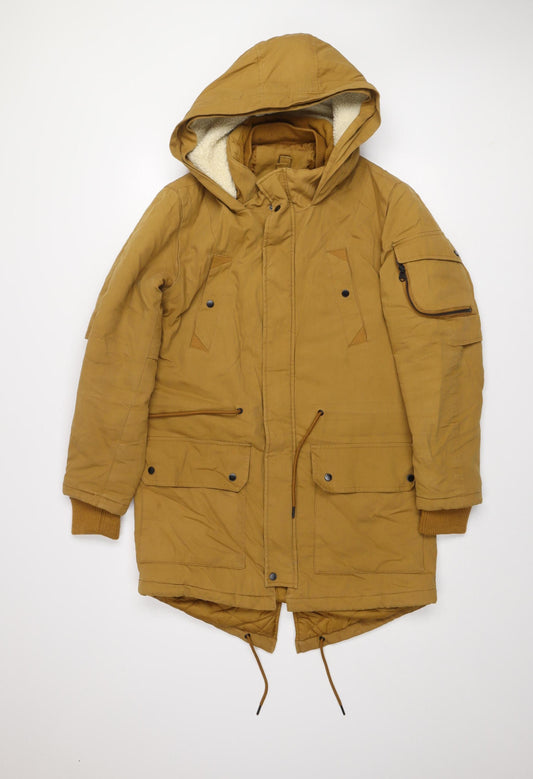 Bershka Men's Brown Hooded Parka Jacket Size S Polyester Winter Coat