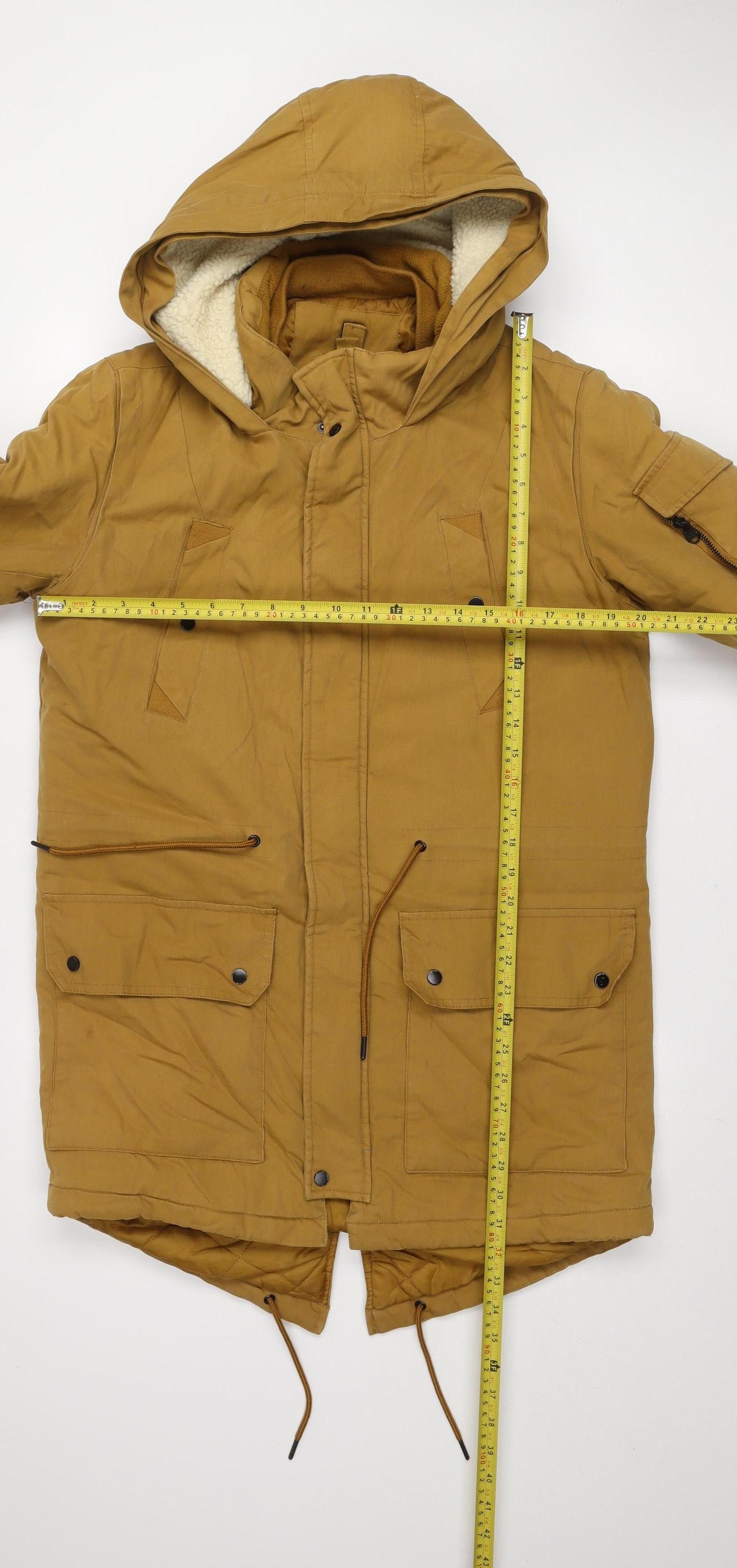 Bershka Men's Brown Hooded Parka Jacket Size S Polyester Winter Coat