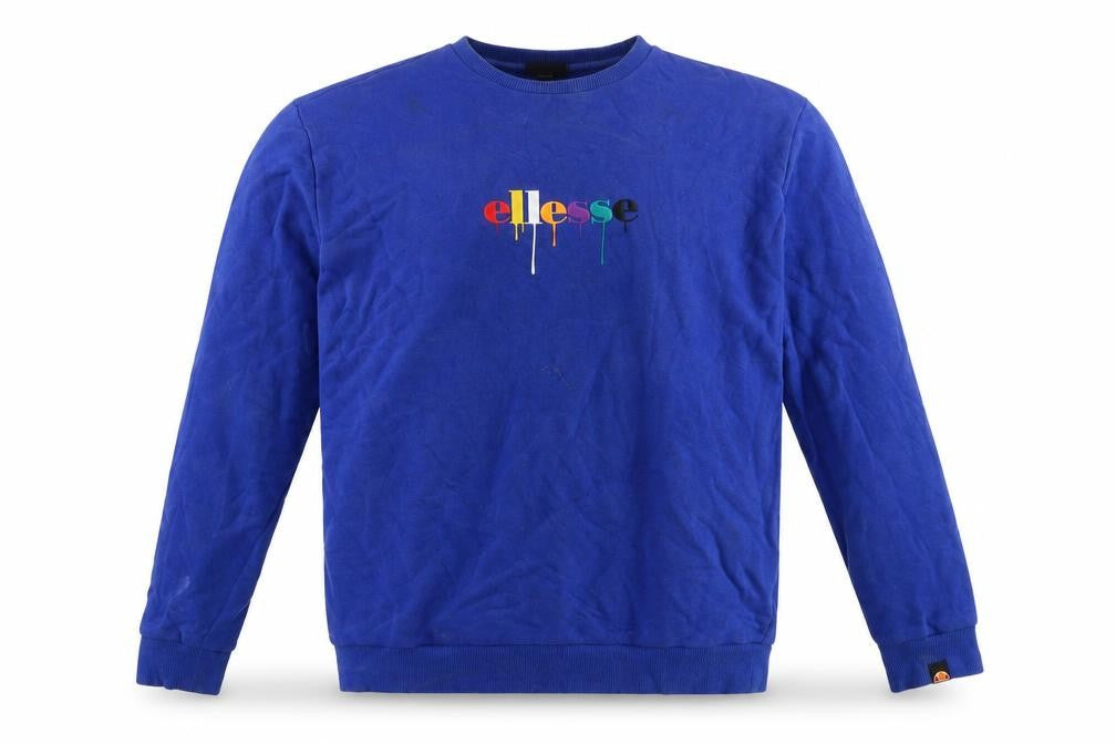 Front view of Ellesse men’s blue crew neck logo sweatshirt, size M, pullover