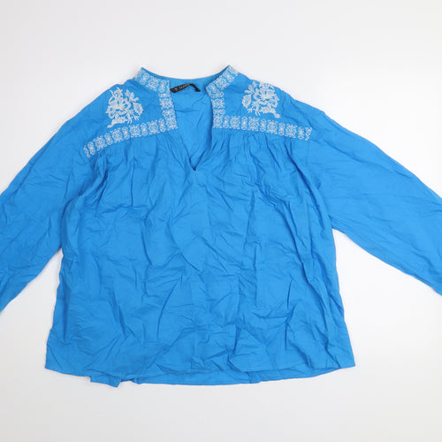Dunnes Womens Blue Embroidered Cotton Long Sleeve Tunic Blouse Size M