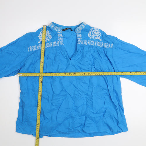 Dunnes Womens Blue Embroidered Cotton Long Sleeve Tunic Blouse Size M