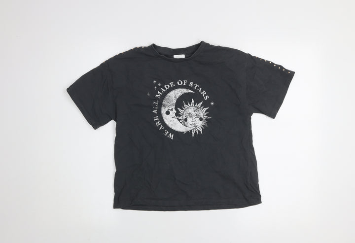 Next Girls Black 11 Years Studded Celestial Graphic Cotton T-Shirt