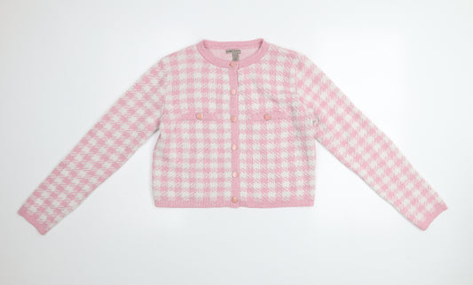 River Island Women Pink Check Cropped Knit Jacket Size 12