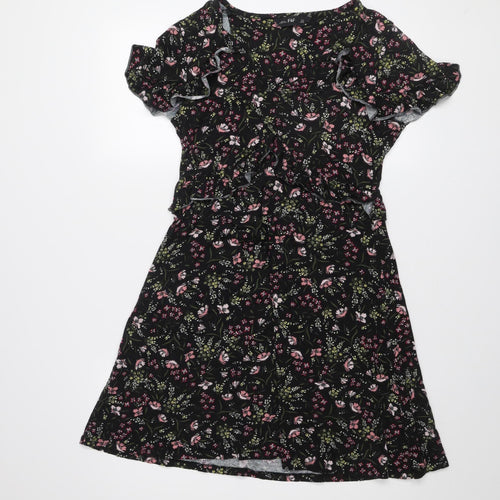 F&F Women’s Black Floral Ruffle Stretch Knee Length Dress Size 12