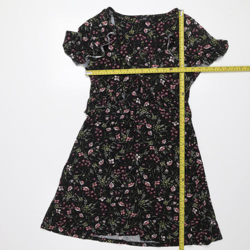 F&F Women’s Black Floral Ruffle Stretch Knee Length Dress Size 12