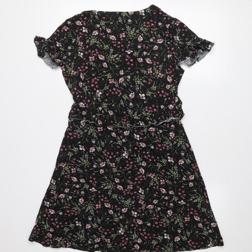 F&F Women’s Black Floral Ruffle Stretch Knee Length Dress Size 12
