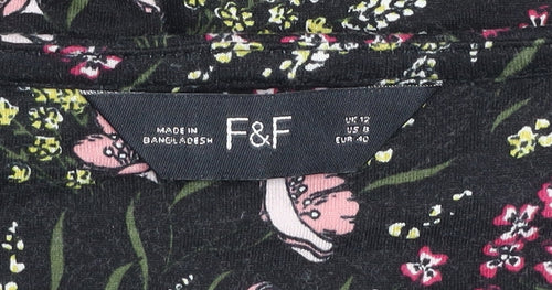 F&F Women’s Black Floral Ruffle Stretch Knee Length Dress Size 12