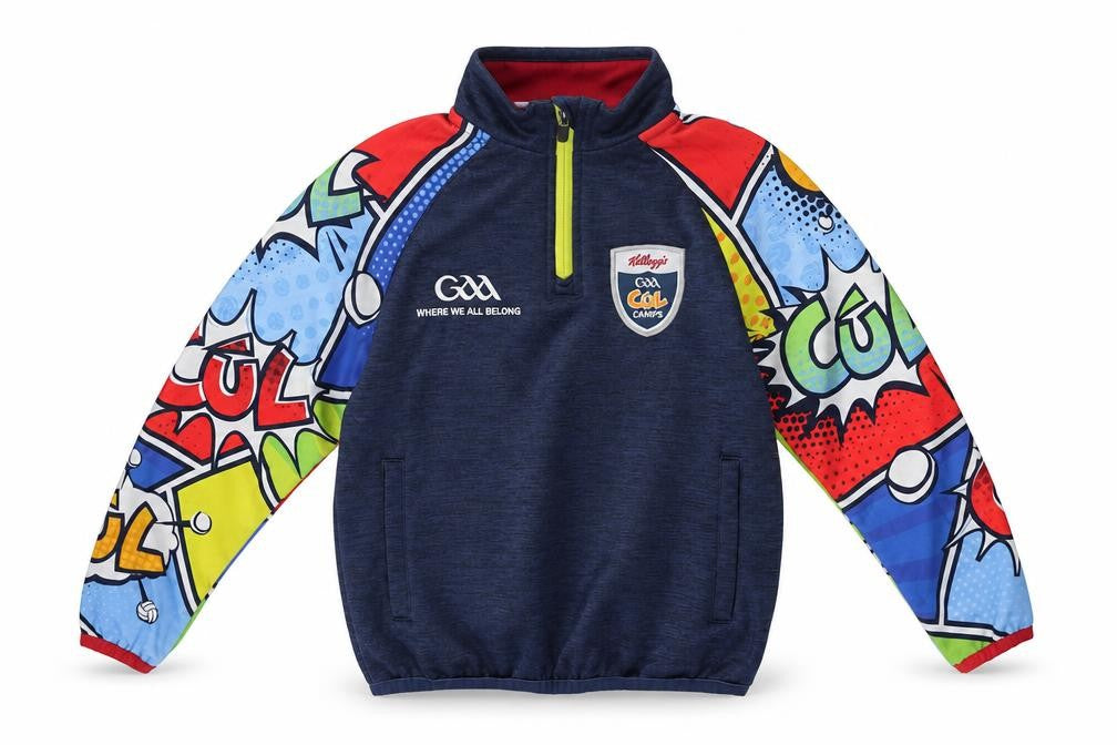 Front view of Masita boys’ blue multicoloured 1/4 zip pullover sweatshirt gaa camps