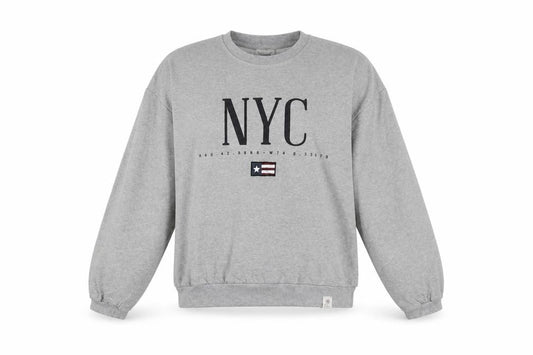 Front view of Pull&Bear women’s grey nyc pullover sweatshirt, size UK 12, medium