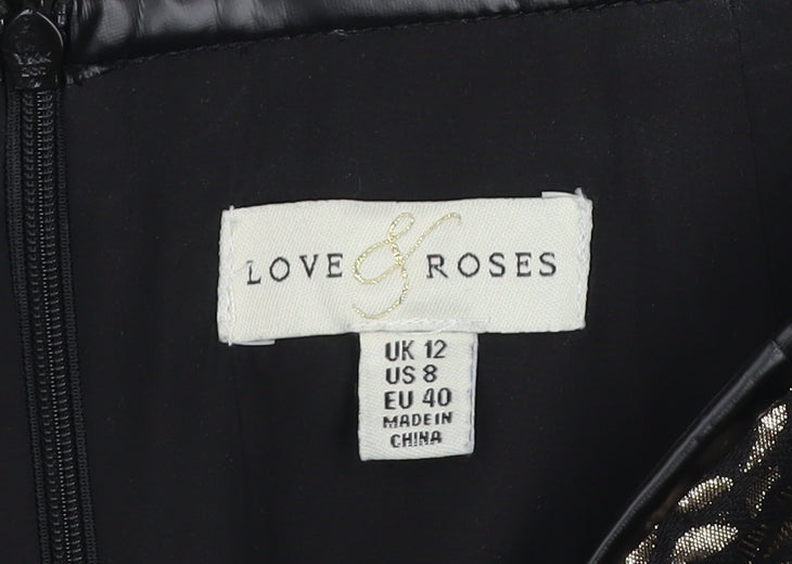 Love & Roses Women Gold Black Knee Length Pencil Skirt UK 12