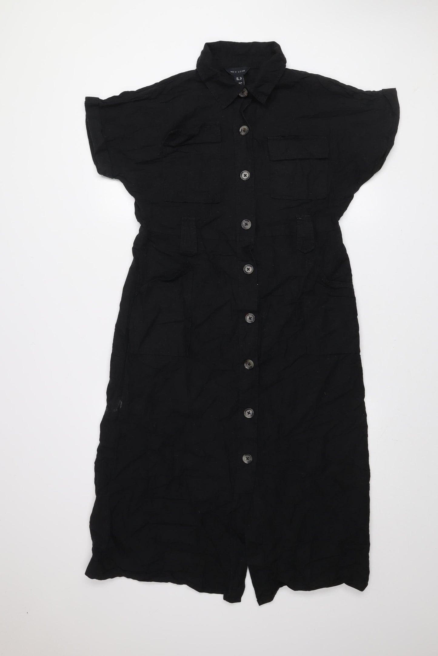 New Look Women’s Black Midi Shirt Dress Size 12 Collared Button Front
