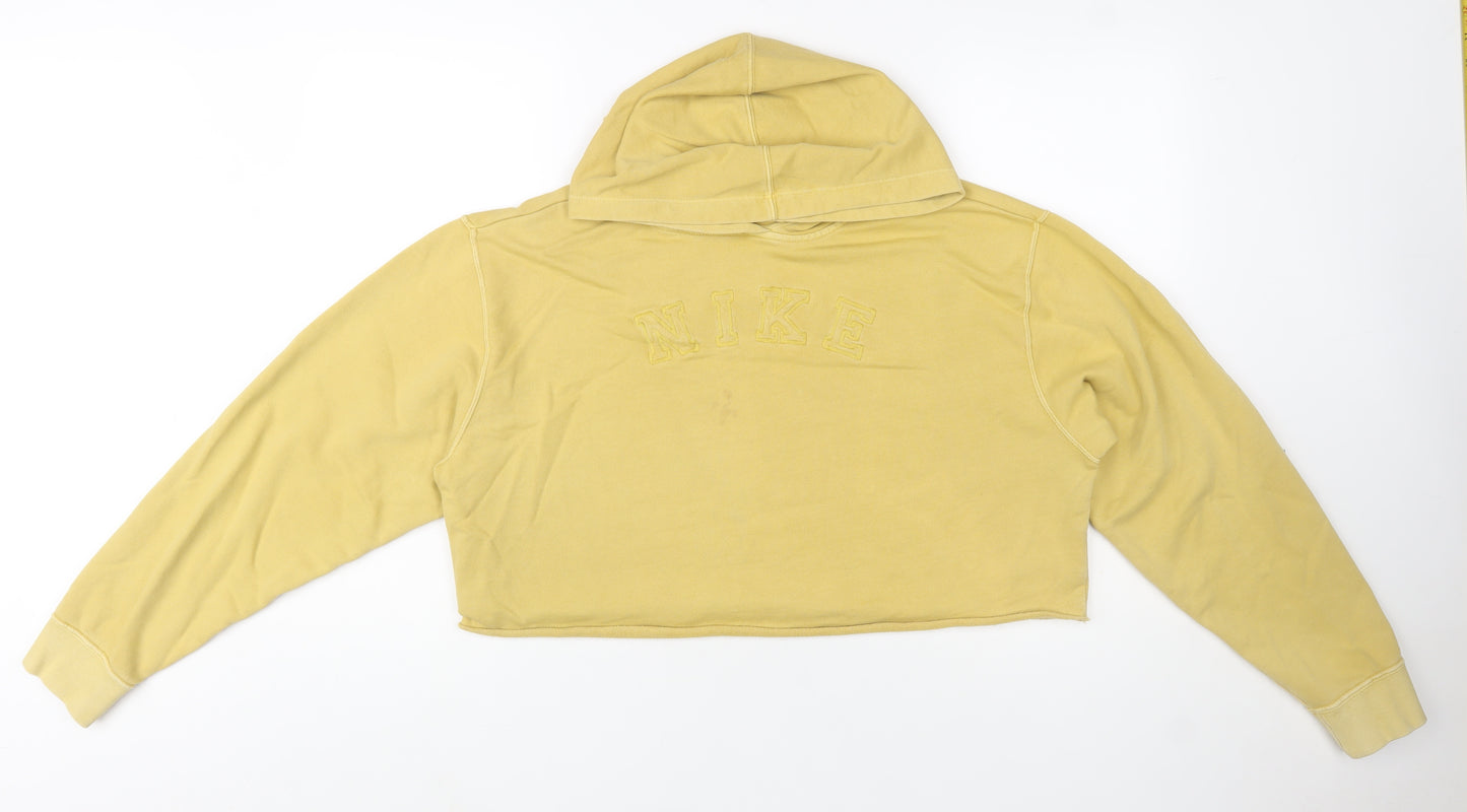 Nike Women’s Beige Cropped Pullover Hoodie L Embroidered Logo Cotton Blend