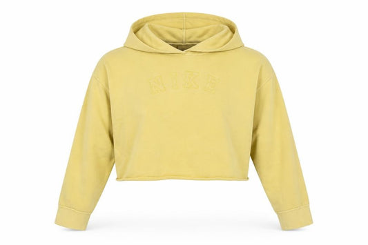 Front view of Nike Women’s Beige Cropped Pullover Hoodie L Embroidered Logo Cotton Blend
