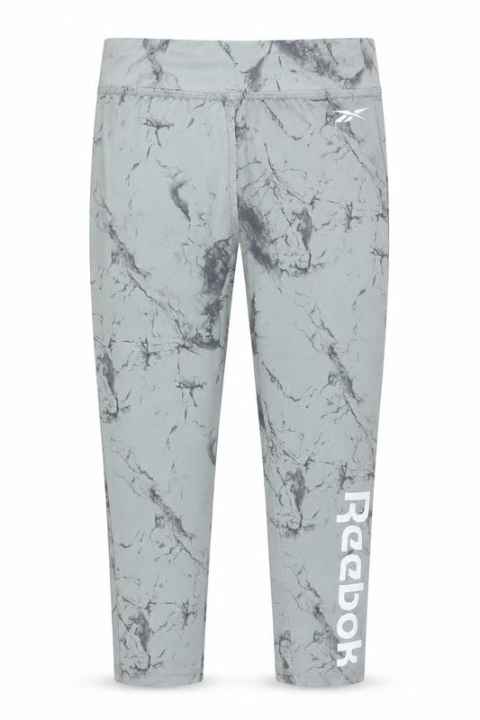 Front view of Reebok girls’ grey marble print ankle leggings, size 6, years activewear