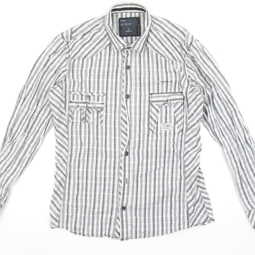 Next Men’s Grey Striped Slim Fit Long Sleeve Cotton Button-Up Shirt Size L