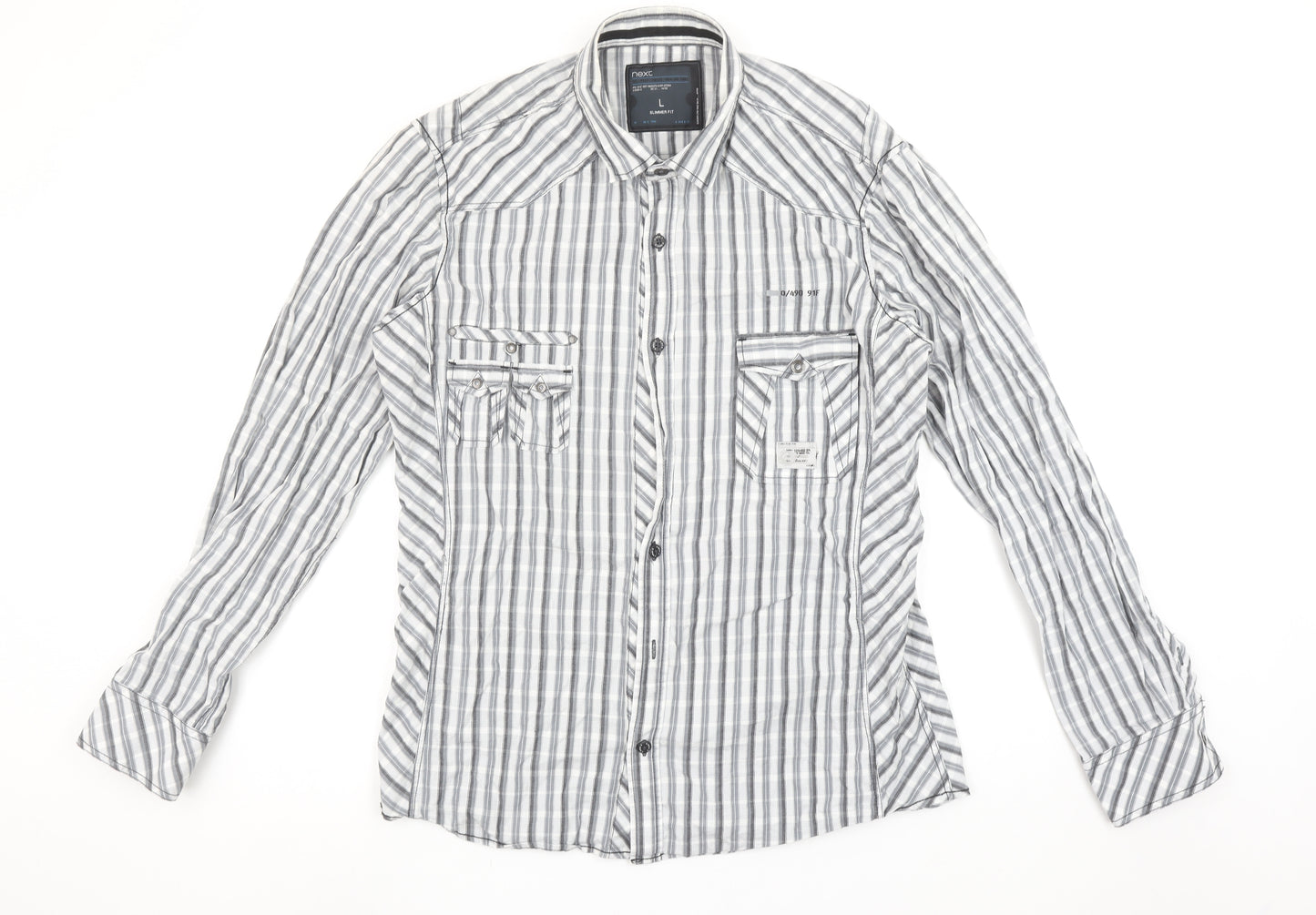 Next Men’s Grey Striped Slim Fit Long Sleeve Cotton Button-Up Shirt Size L