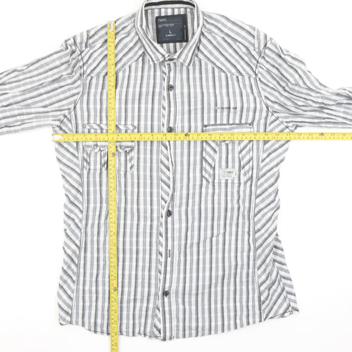 Next Men’s Grey Striped Slim Fit Long Sleeve Cotton Button-Up Shirt Size L