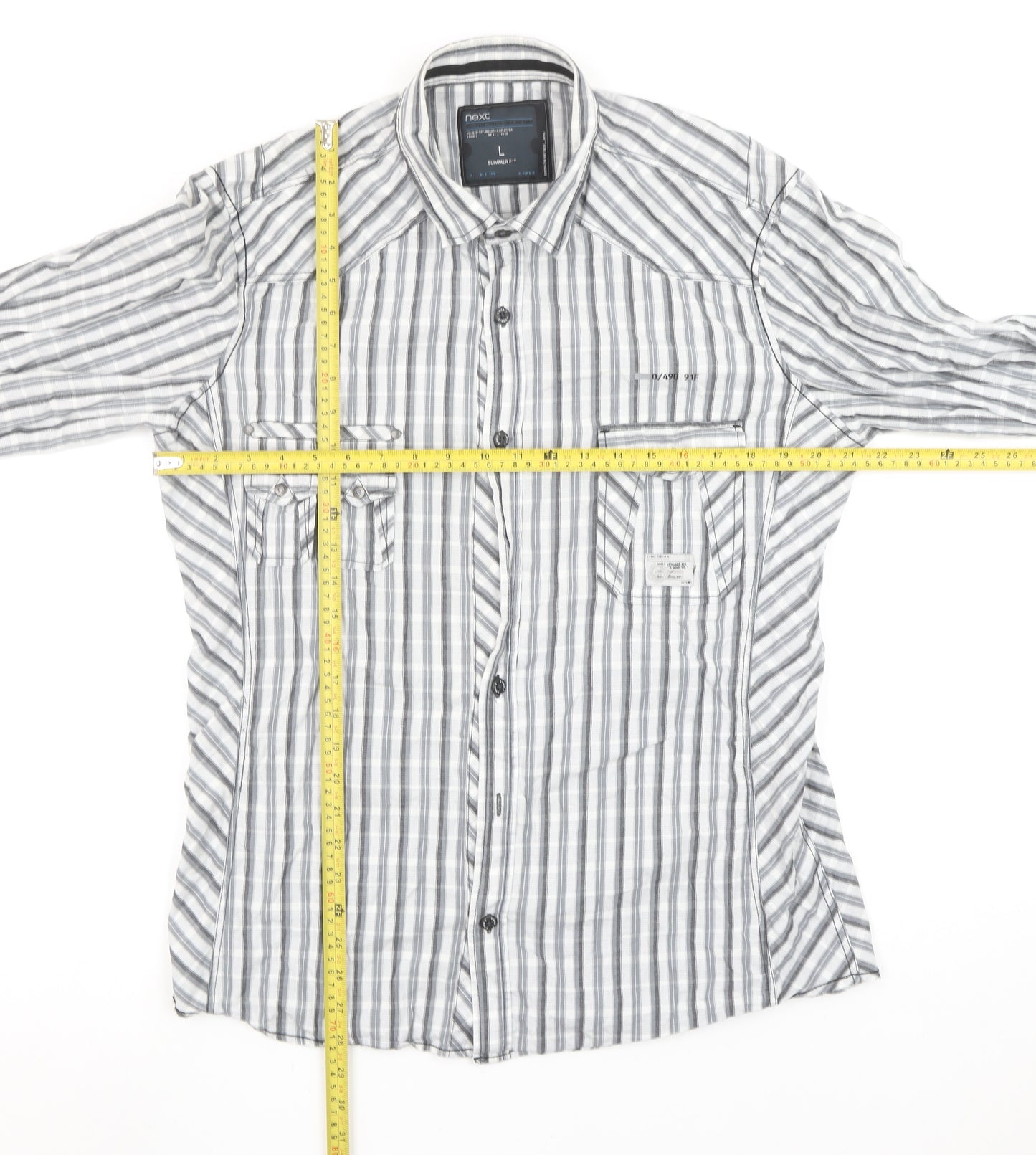 Next Men’s Grey Striped Slim Fit Long Sleeve Cotton Button-Up Shirt Size L