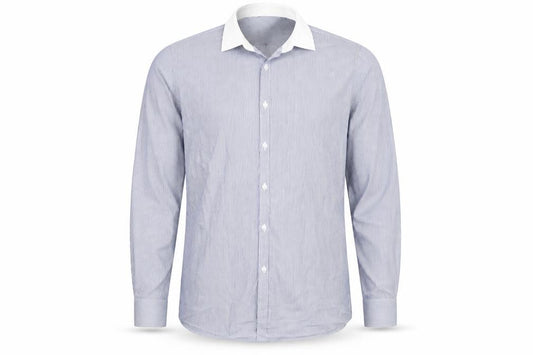 Front view of Dunnes Men Blue Striped Slim Fit Long Sleeve Button-Up Shirt 16in Collar