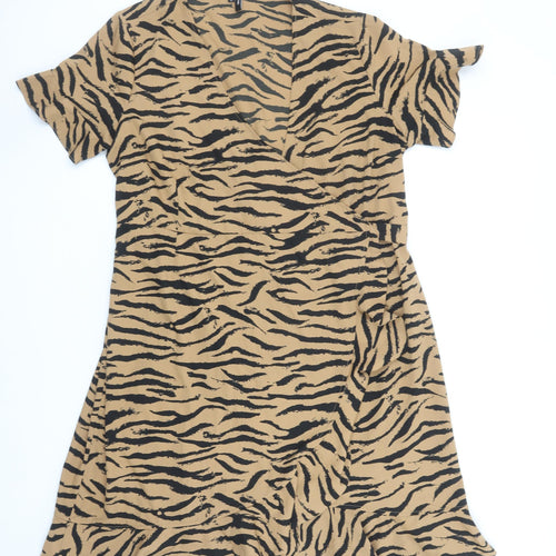 Vero Moda Women Brown Animal Print Wrap Dress XL Ruffle Hem