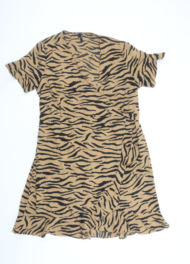 Vero Moda Women Brown Animal Print Wrap Dress XL Ruffle Hem