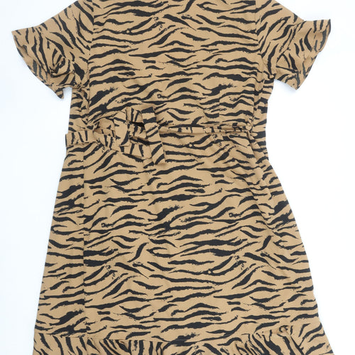 Vero Moda Women Brown Animal Print Wrap Dress XL Ruffle Hem