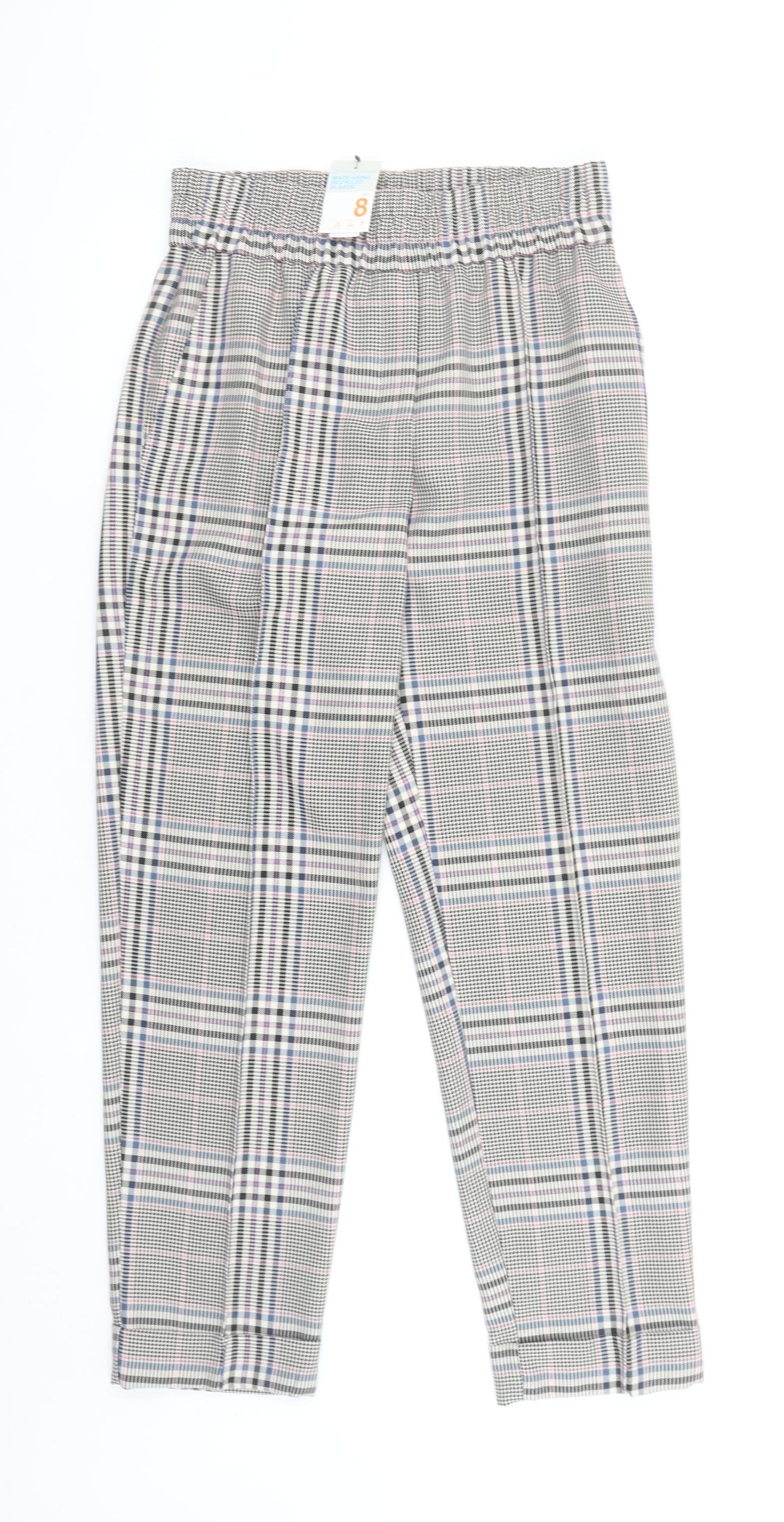 Primark Women Grey Check Tapered Trousers Size 8 Elastic Waist