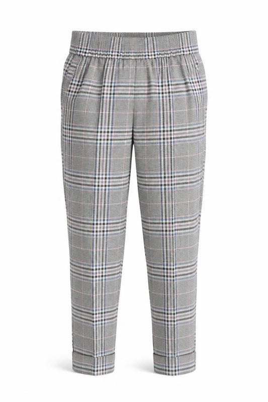 Front view of Primark Women Grey Check Tapered Trousers, size 8, Elastic Waist