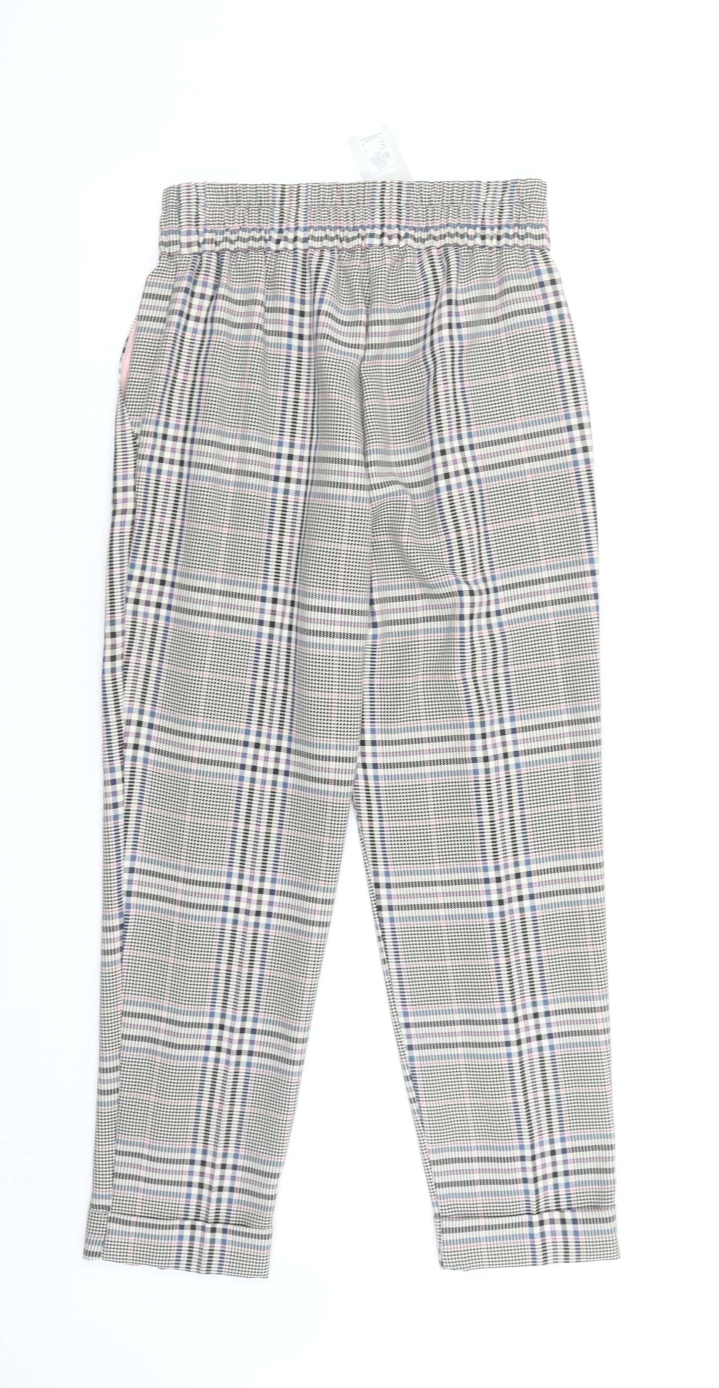 Primark Women Grey Check Tapered Trousers Size 8 Elastic Waist