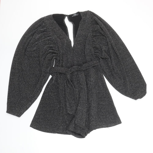 Bershka Women Black L Long Sleeve V-Neck Belted Playsuit Size 14