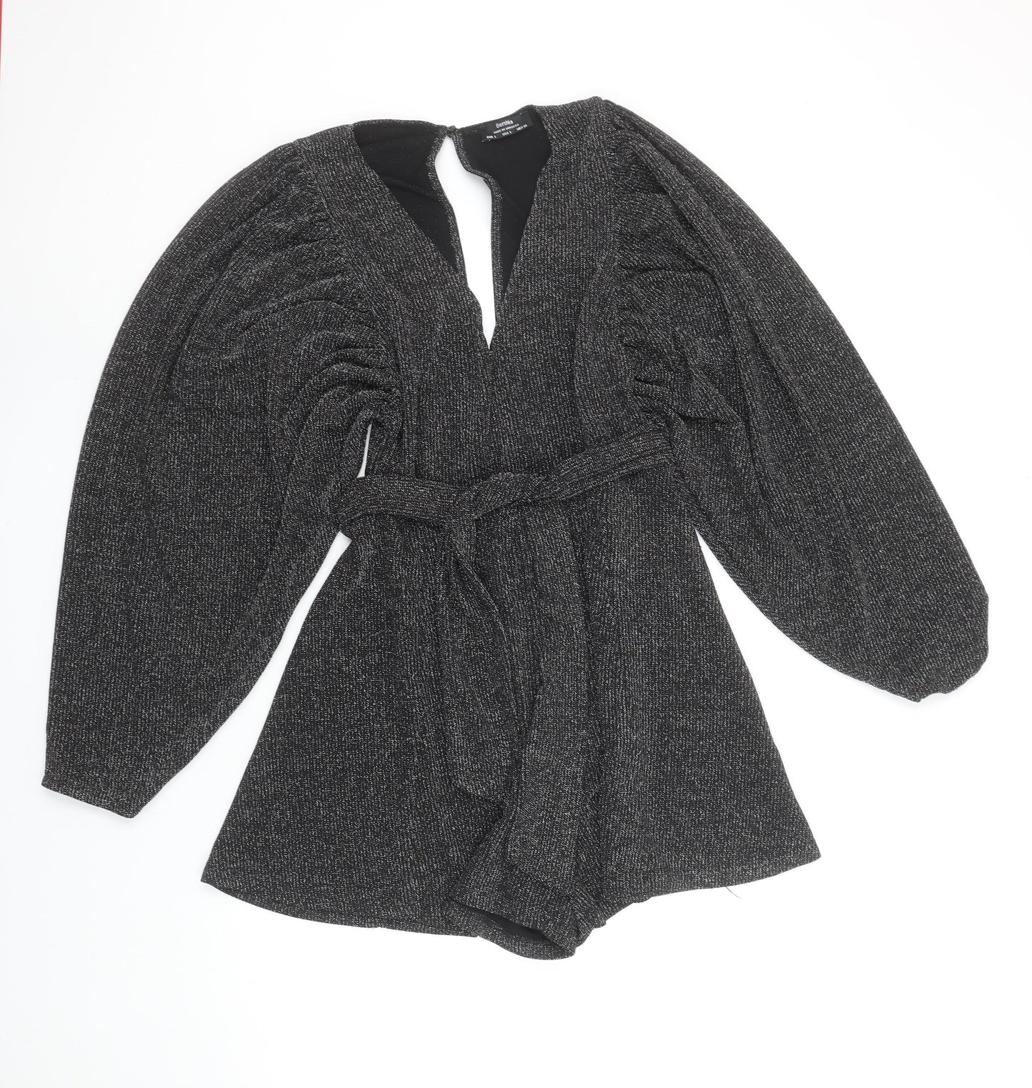 Bershka Women Black L Long Sleeve V-Neck Belted Playsuit Size 14