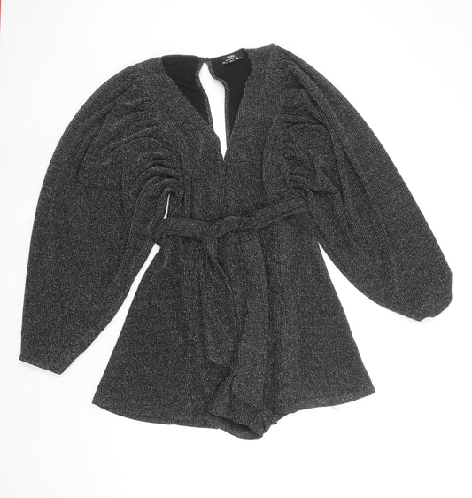 Bershka Women Black L Long Sleeve V-Neck Belted Playsuit Size 14