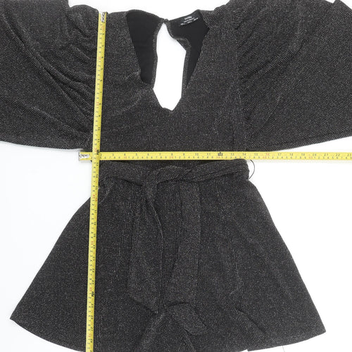 Bershka Women Black L Long Sleeve V-Neck Belted Playsuit Size 14
