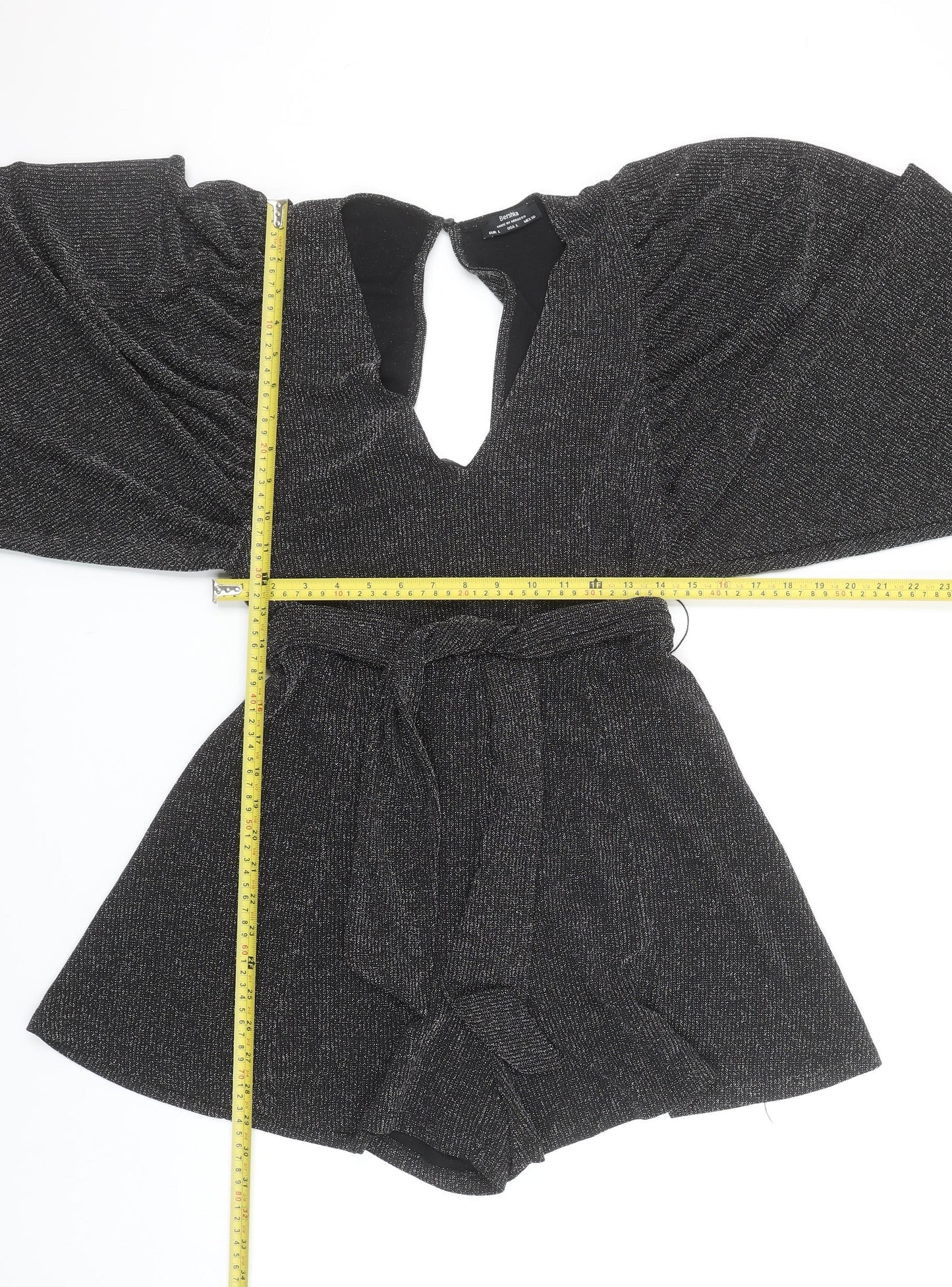 Bershka Women Black L Long Sleeve V-Neck Belted Playsuit Size 14