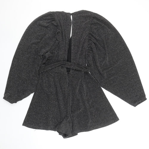 Bershka Women Black L Long Sleeve V-Neck Belted Playsuit Size 14