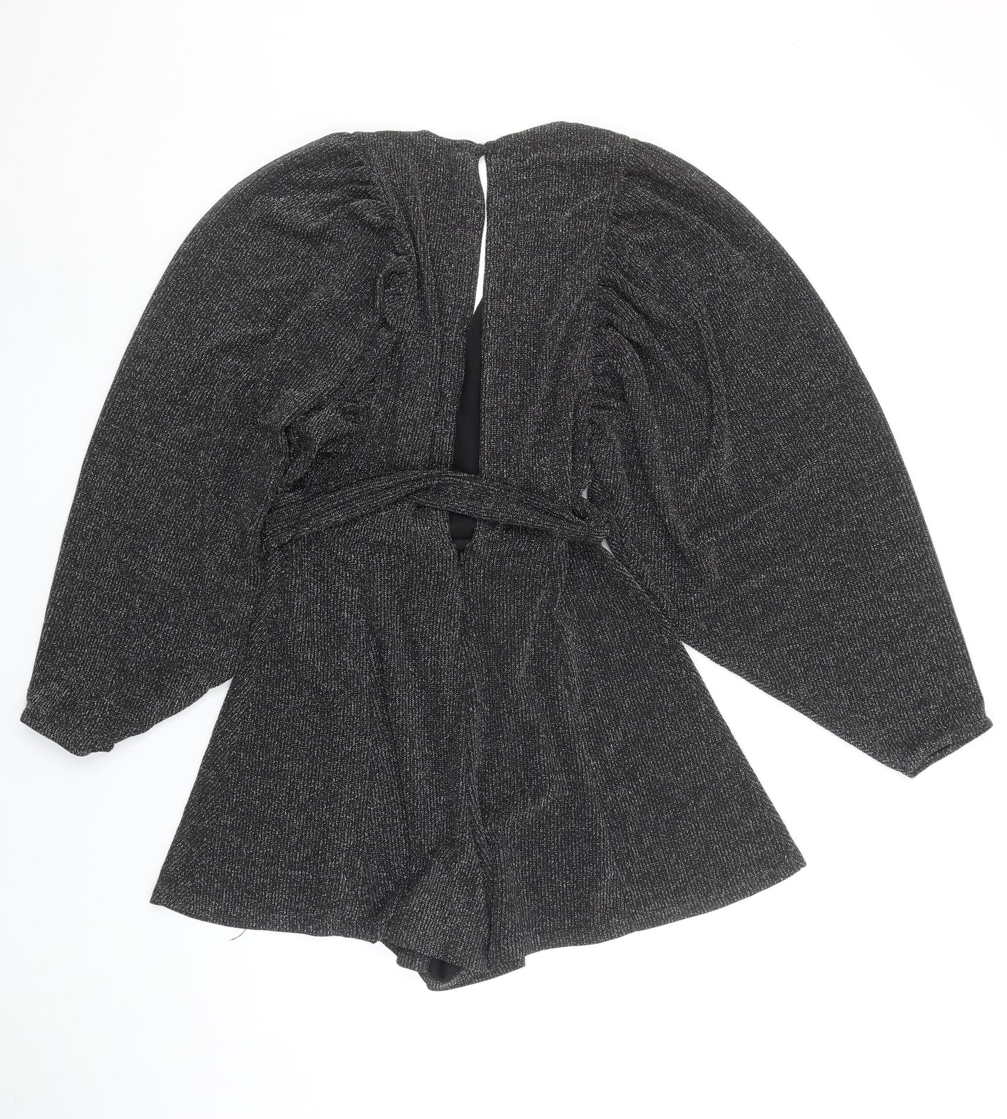 Bershka Women Black L Long Sleeve V-Neck Belted Playsuit Size 14