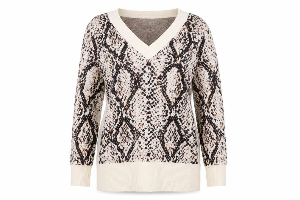 Front view of River Island Women Beige Animal Print V-Neck jumper, size 8