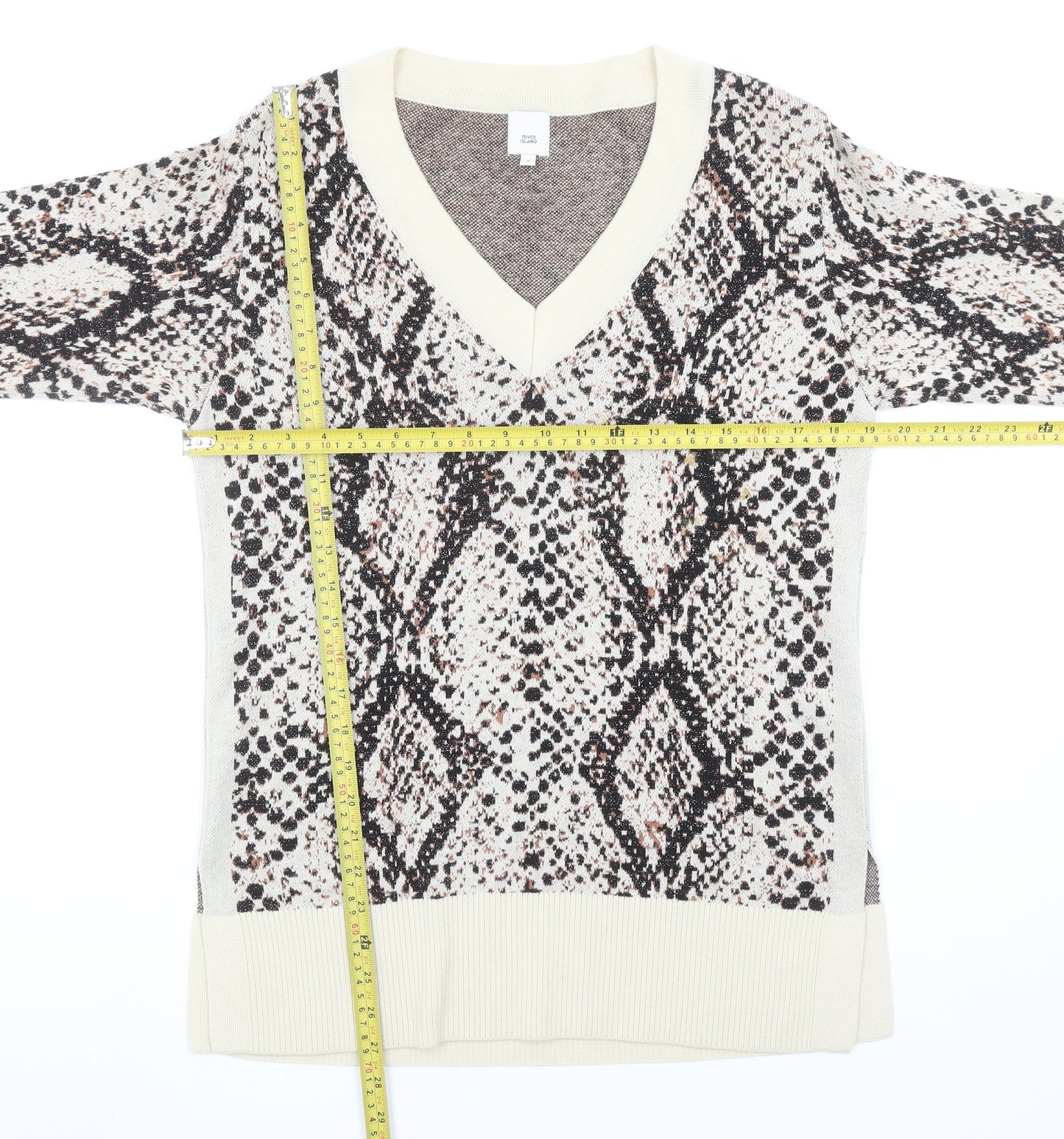 River Island Women Beige Animal Print V-Neck Pullover Jumper Size 8