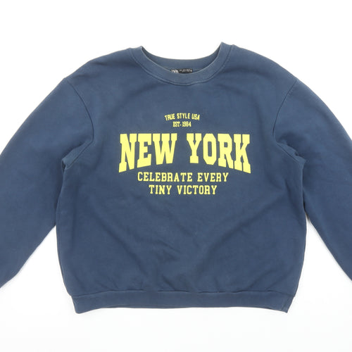 ZARA Women Blue New York Graphic Pullover Sweatshirt Size L