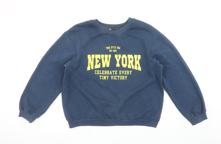 ZARA Women Blue New York Graphic Pullover Sweatshirt Size L