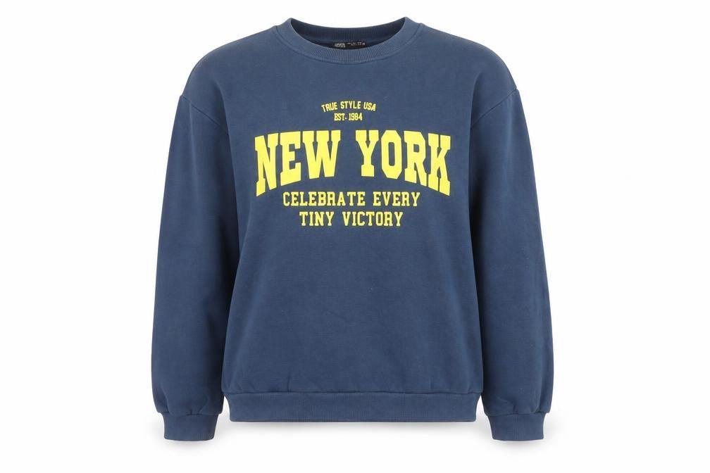 Front view of Zara Women Blue New York Graphic Pullover Sweatshirt, size L
