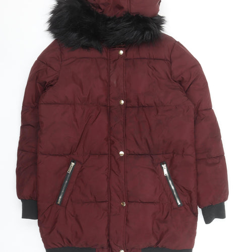 B.YOU Womens Red Long Puffer Coat Faux Fur Hood Size 12 Winter Jacket
