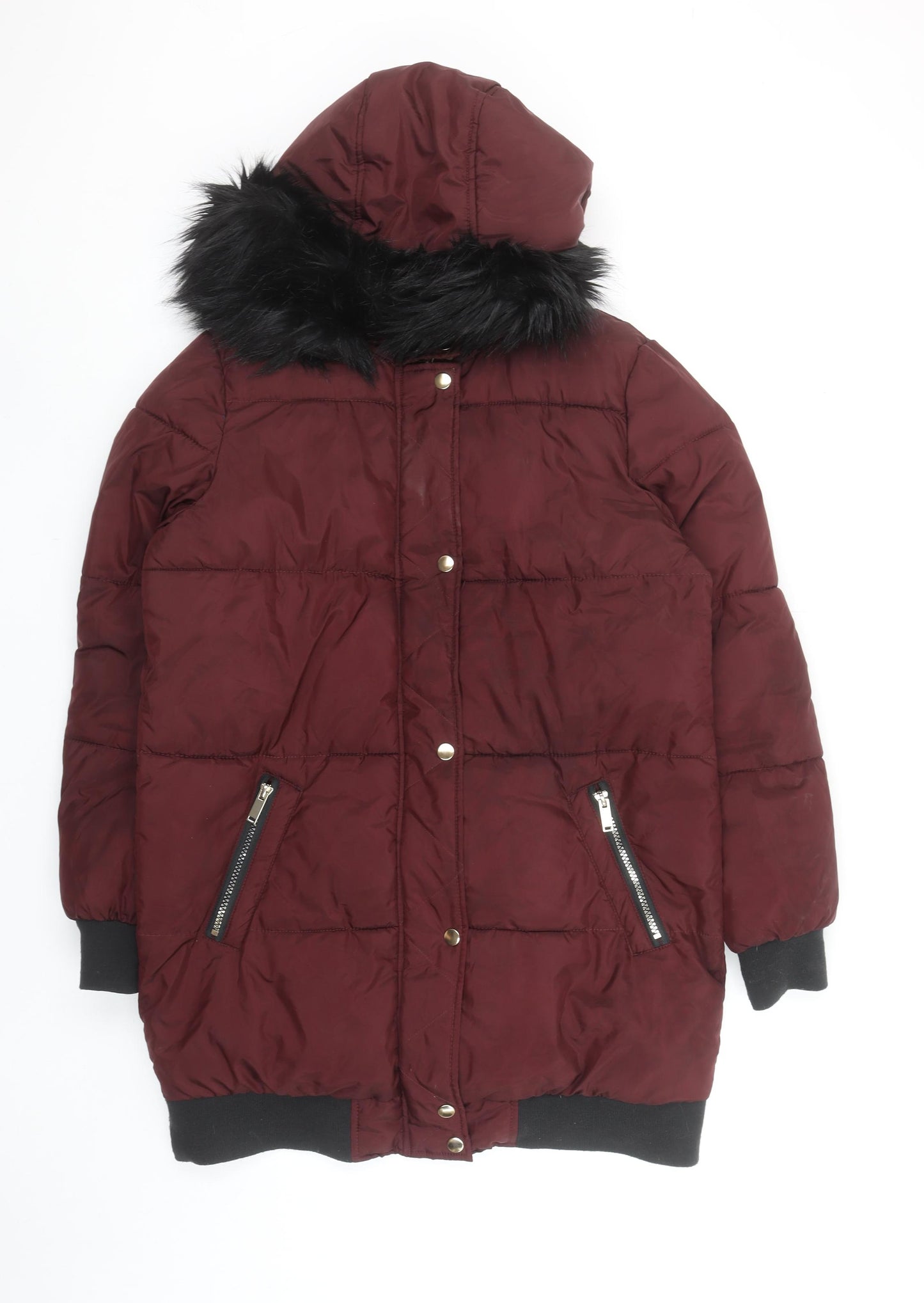 B.YOU Womens Red Long Puffer Coat Faux Fur Hood Size 12 Winter Jacket