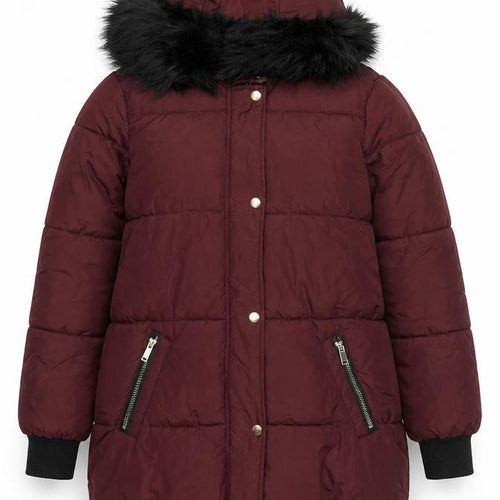 B.YOU Womens Red Long Puffer Coat Faux Fur Hood Size 12 Winter Jacket