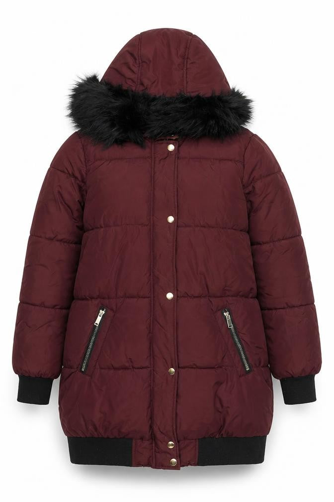 B.YOU Womens Red Long Puffer Coat Faux Fur Hood Size 12 Winter Jacket