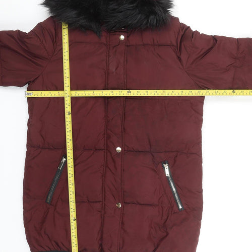 B.YOU Womens Red Long Puffer Coat Faux Fur Hood Size 12 Winter Jacket