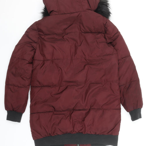 B.YOU Womens Red Long Puffer Coat Faux Fur Hood Size 12 Winter Jacket