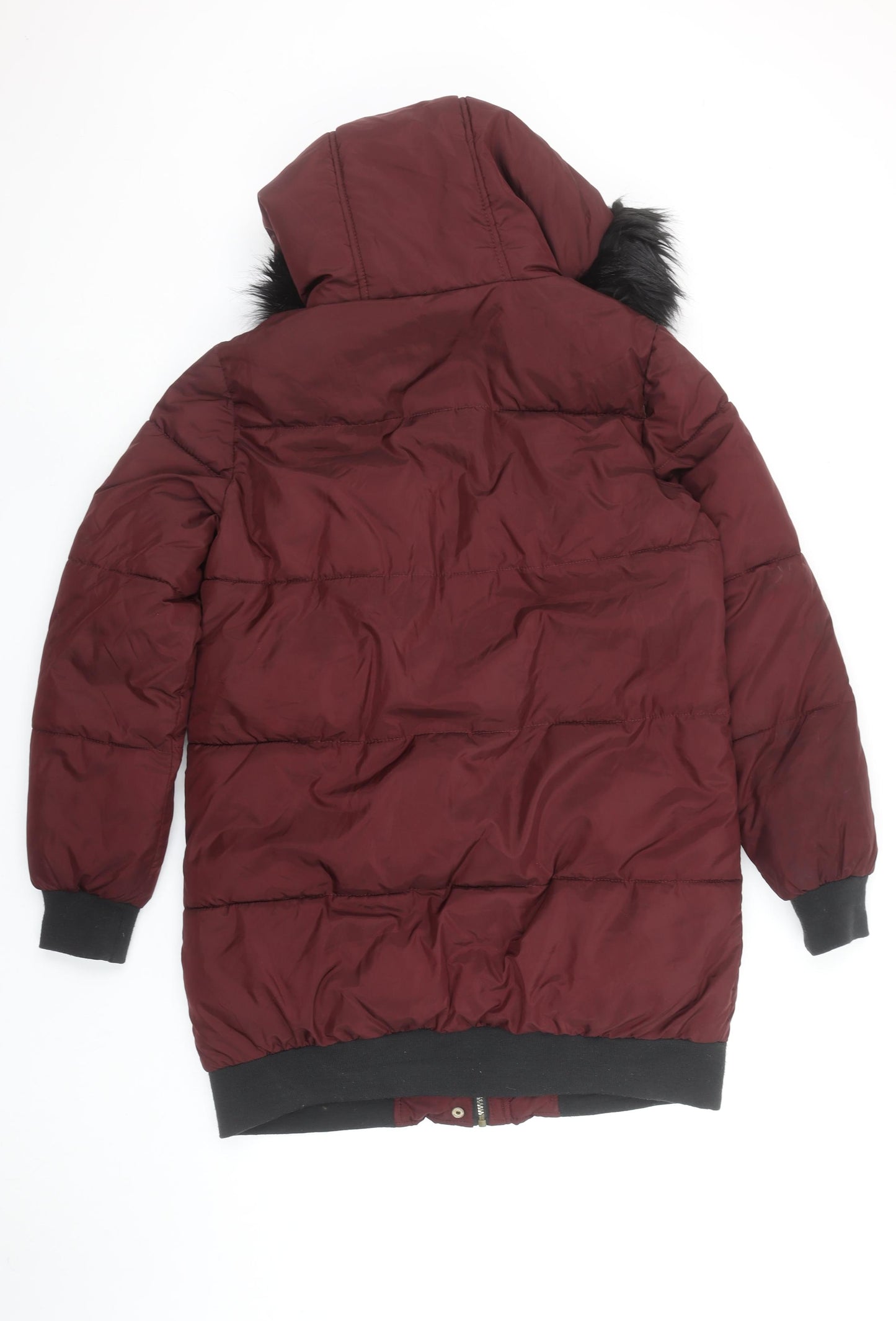 B.YOU Womens Red Long Puffer Coat Faux Fur Hood Size 12 Winter Jacket
