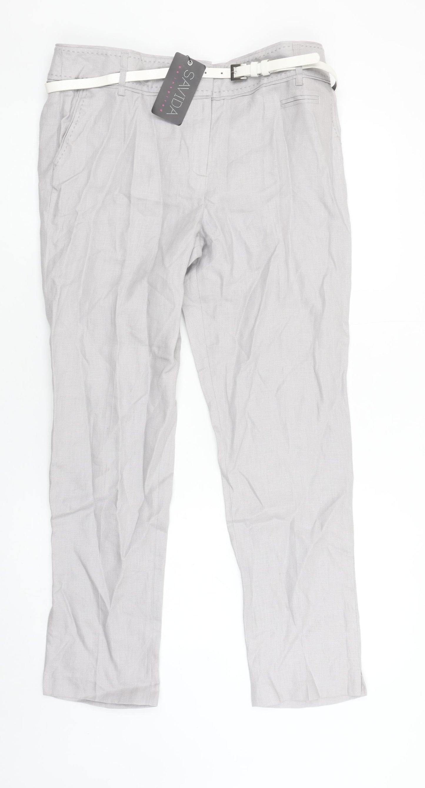 Savida Womens Grey Linen Chino Trousers Size 12 Belted Lightweight